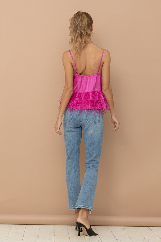 Satin Hot Pink Feather Trim Tank Top