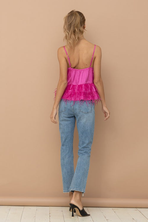Satin Hot Pink Feather Trim Tank Top