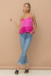 Satin Hot Pink Feather Trim Tank Top