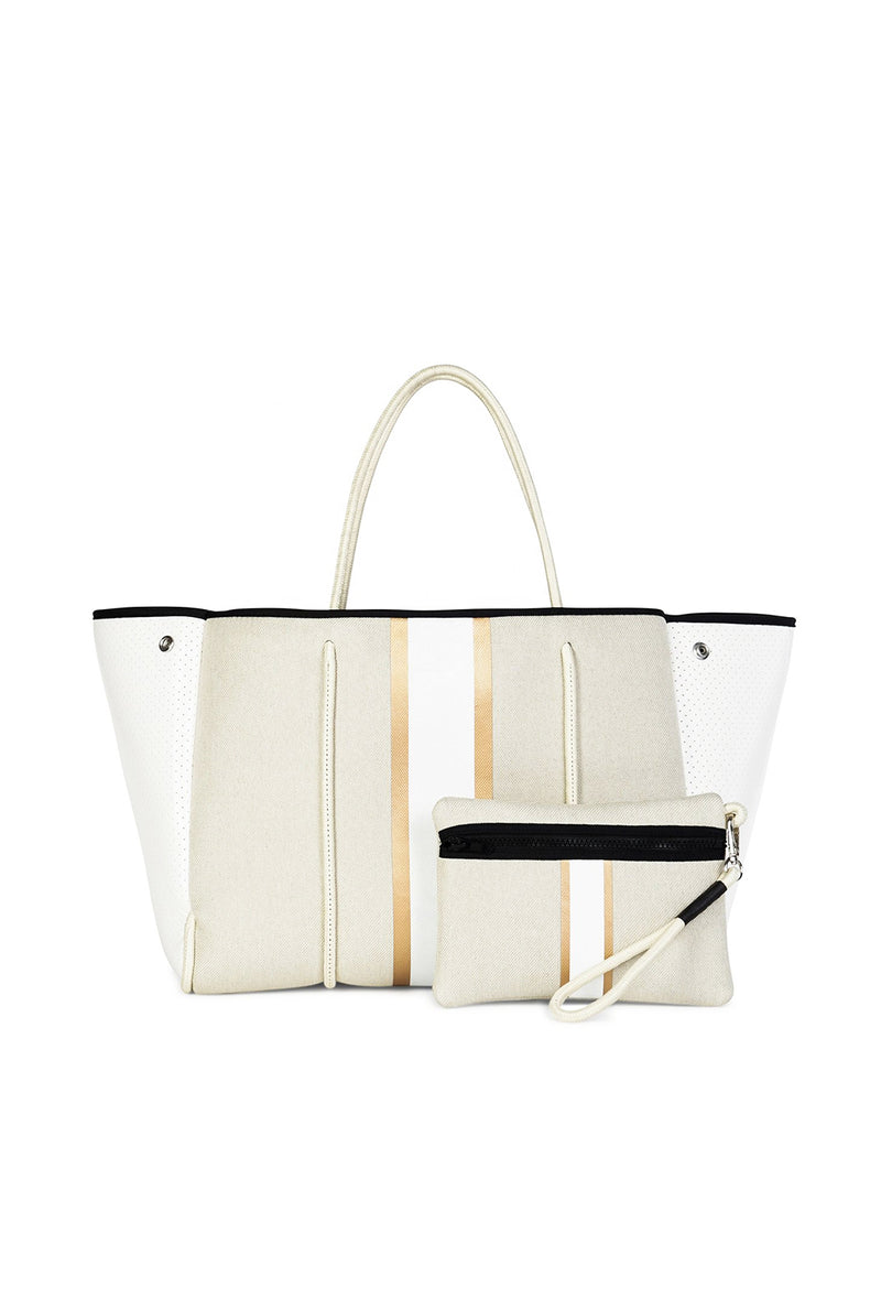 Beige And Gold Stripe Neoprene Tote Bag - Kendry Collection Boutique
