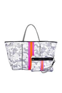 White Camo And Pink Stripe Neoprene Tote Bag - Shop Kendry Collection Boutique