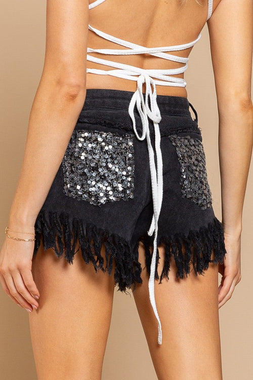 Black Frayed Hem Sequin Detail Denim Shorts