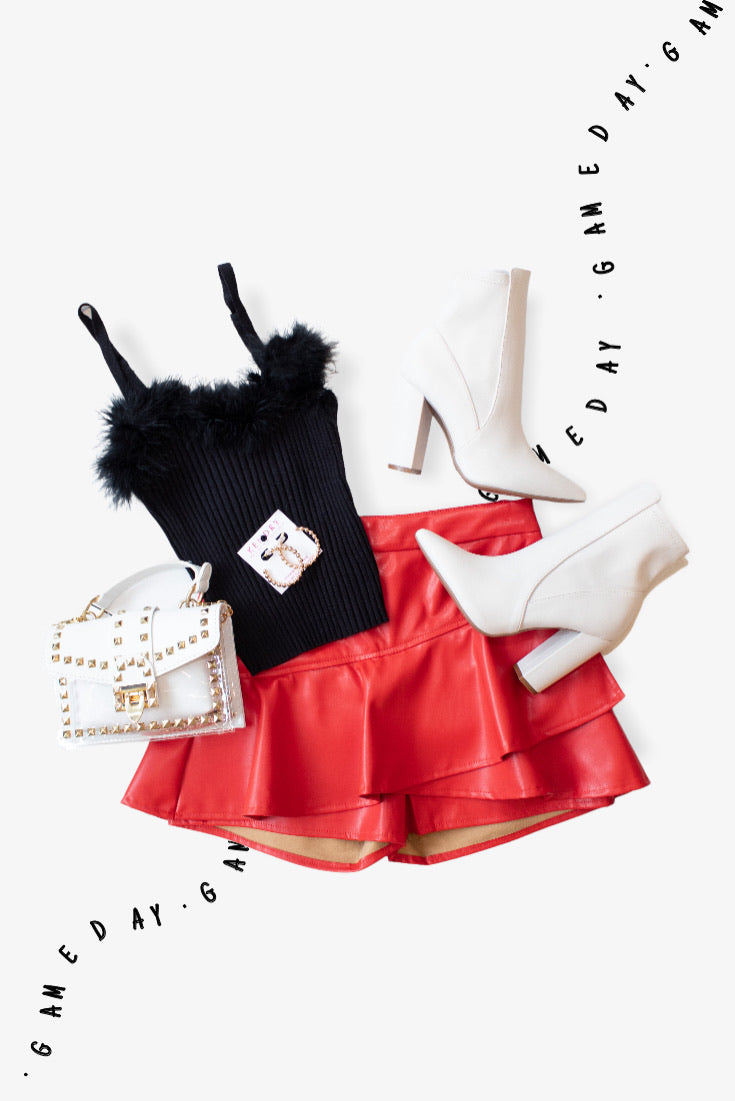 Red Faux Leather Ruffle Skort