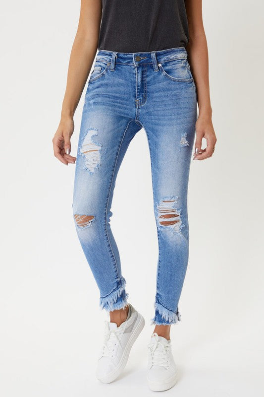 Camilla Mid Rise Frayed Hem Ankle Skinny Jeans - Medium Wash