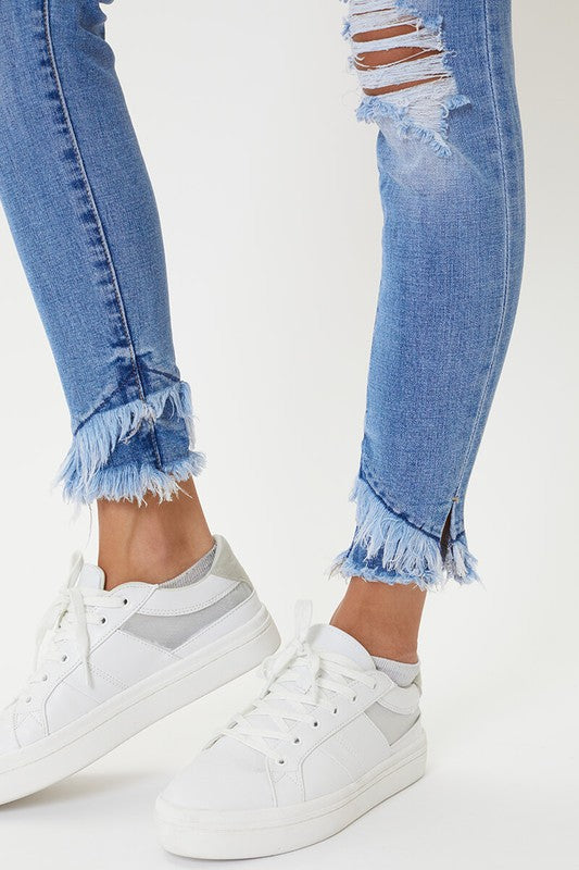 Camilla Mid Rise Frayed Hem Ankle Skinny Jeans - Medium Wash