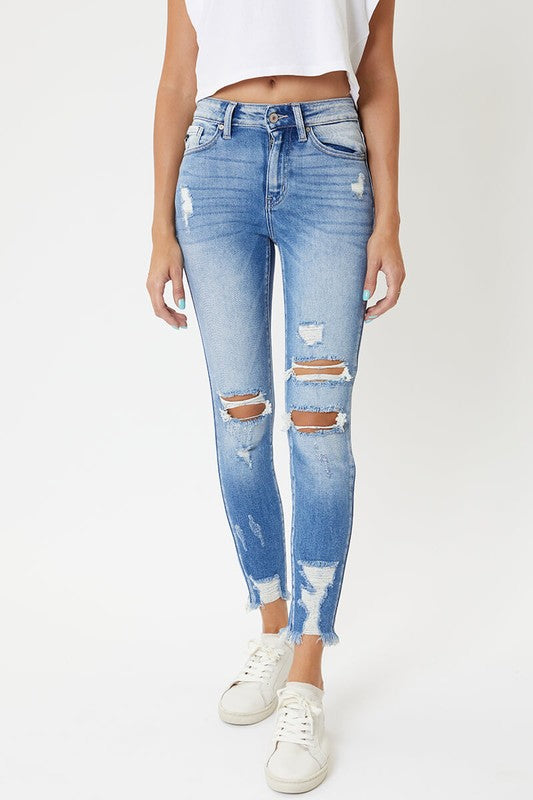 Layla High Rise Distressed Ankle Skinny Jeans - Medium Wash