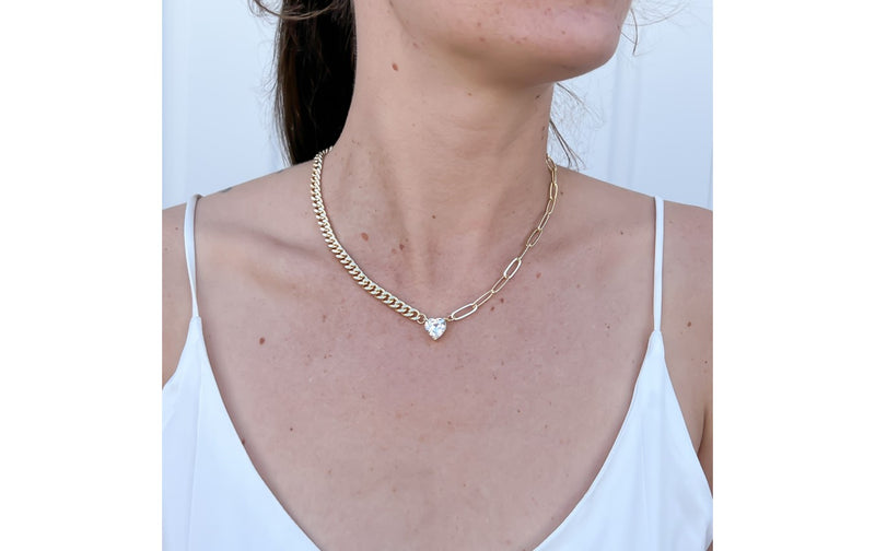 CZ Heart Mixed Chain Pendant Necklace