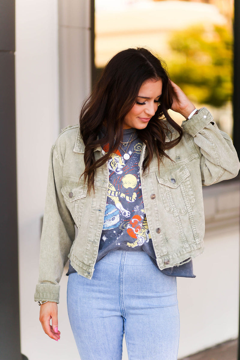 Amelia Olive Green Distressed Corduroy Jacket - Shop Kendry Collection Boutique