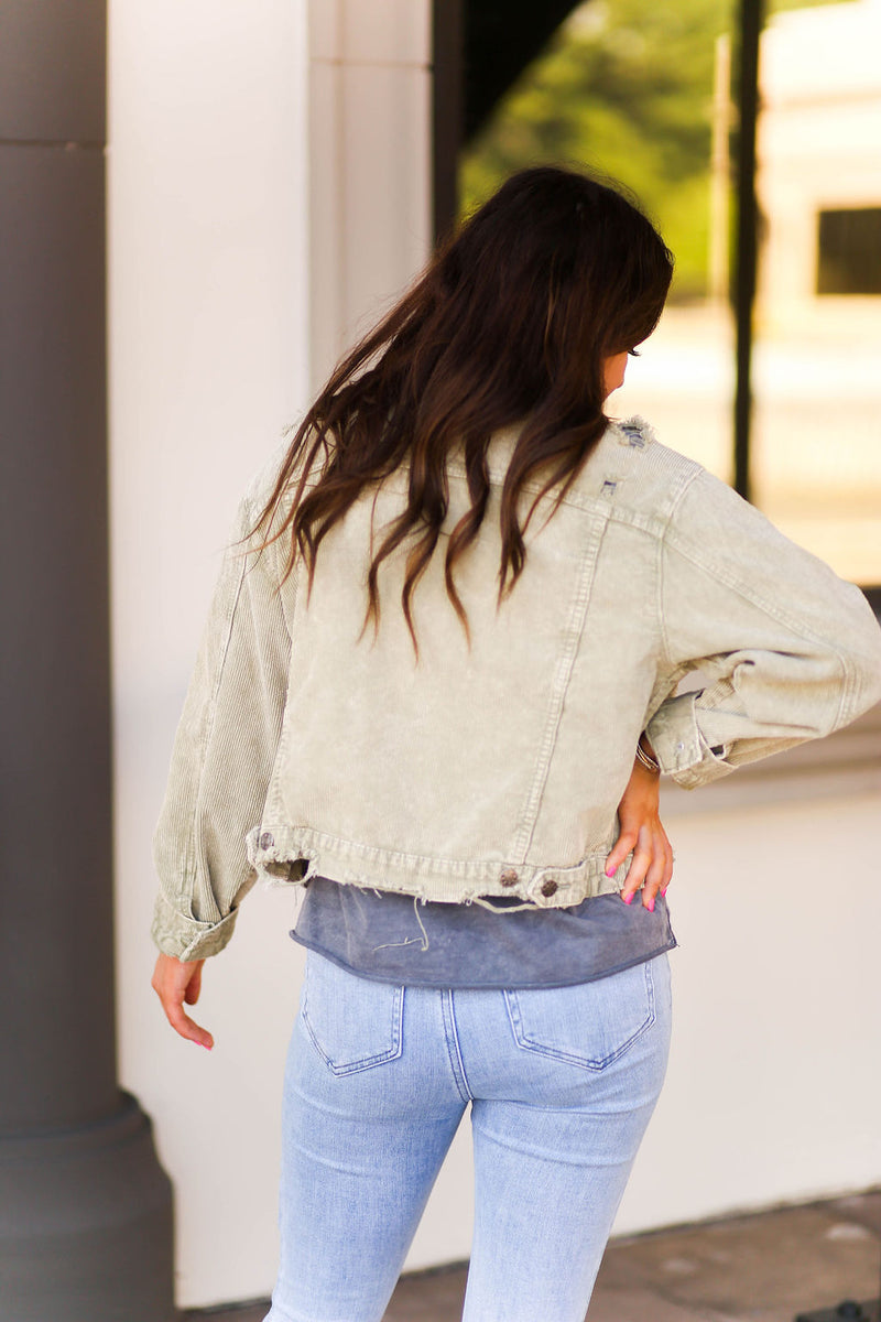 Amelia Olive Green Distressed Corduroy Jacket - Shop Kendry Collection Boutique
