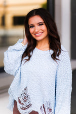 Baby Blue Distressed Popcorn Sweater- Shop Kendry Collection Boutique