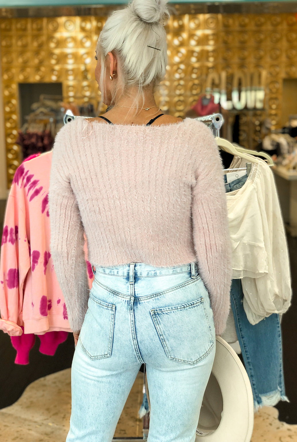 Baby Pink Fuzzy Fitted Sweater Top- Kendry Collection Boutique Online