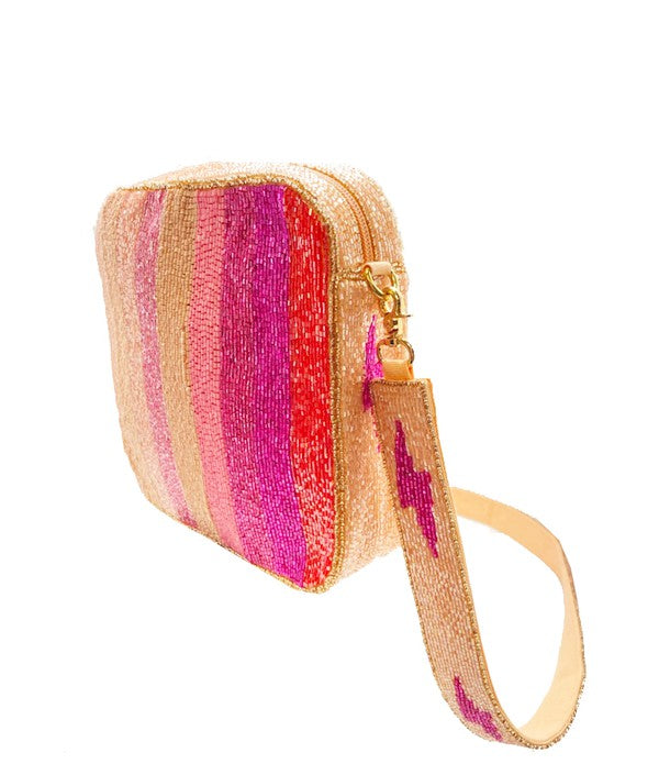 Beaded square shaped purse with matching removable strap. Navy Blue With Stars Beaded Box Purse - Pink Lightning Bolt Beaded Box Purse