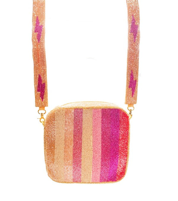 Beaded square shaped purse with matching removable strap. Navy Blue With Stars Beaded Box Purse - Pink Lightning Bolt Beaded Box Purse