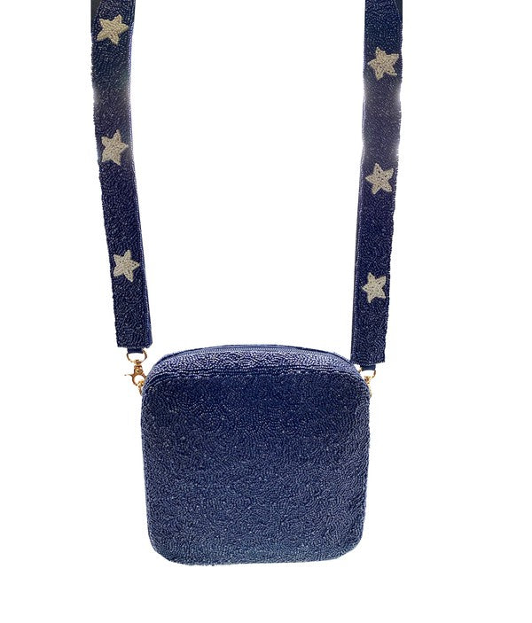 Beaded square shaped purse with matching removable strap. Navy Blue With Stars Beaded Box Purse - Shop Kendry Collection Boutique