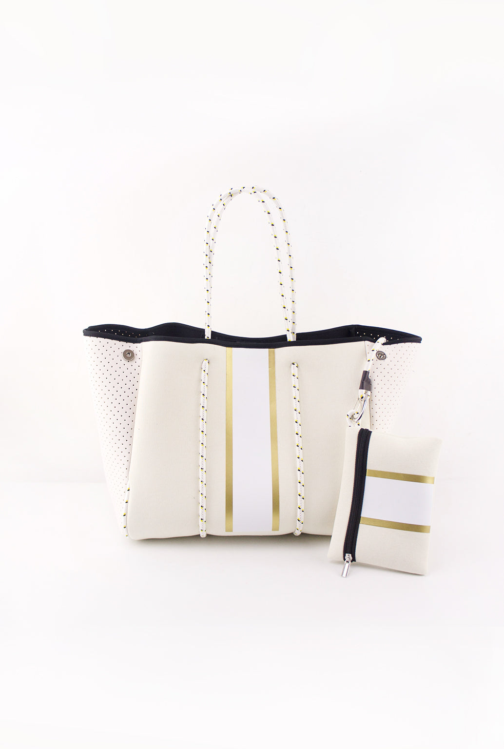Beige And Gold Stripe Neoprene Tote Bag - Kendry Collection Boutique