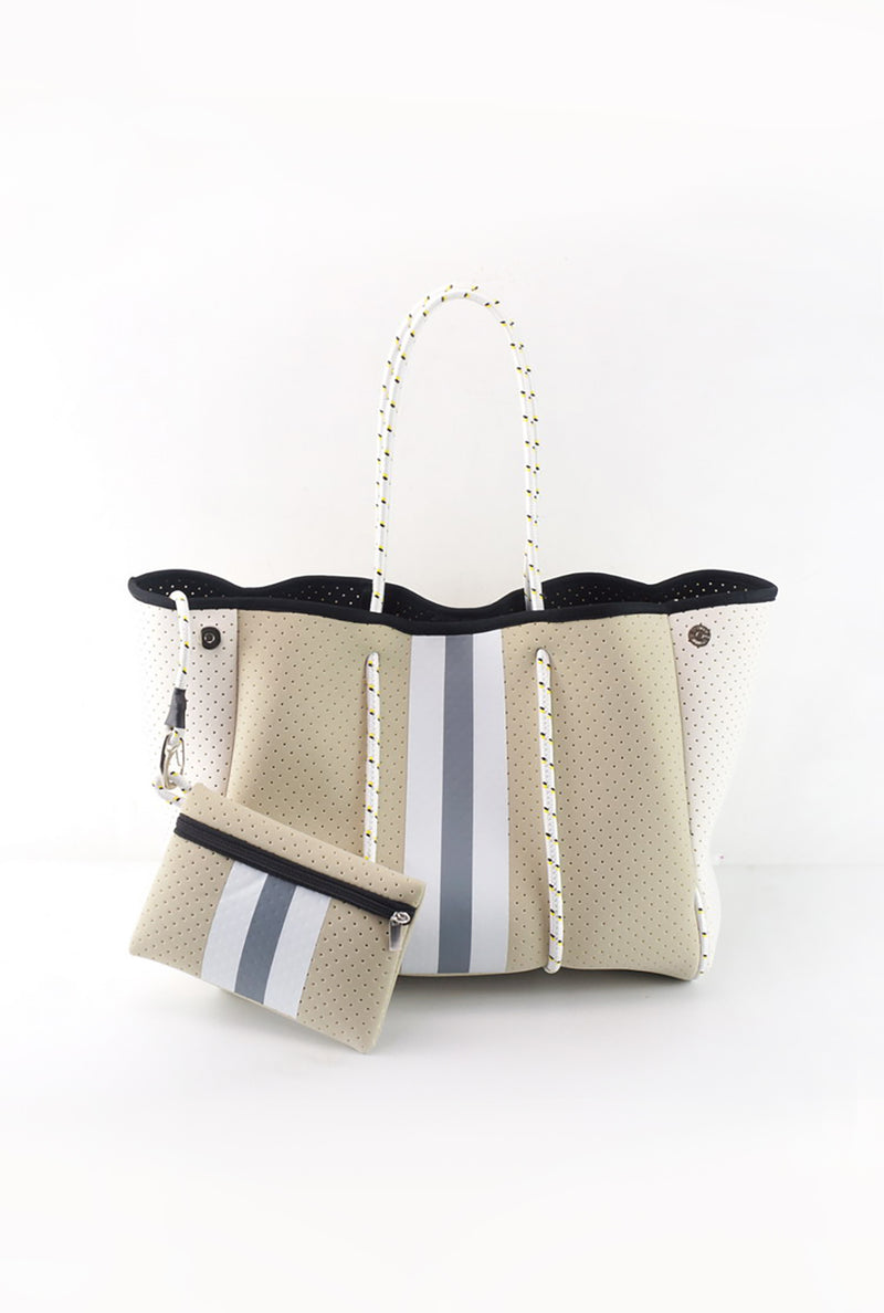 Beige And Silver Stripe Neoprene Tote Bag - Shop Kendry Collection Boutique