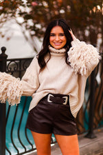 Beige Turtle Neck Sweater With Fringe Arms - Shop Kendry Collection