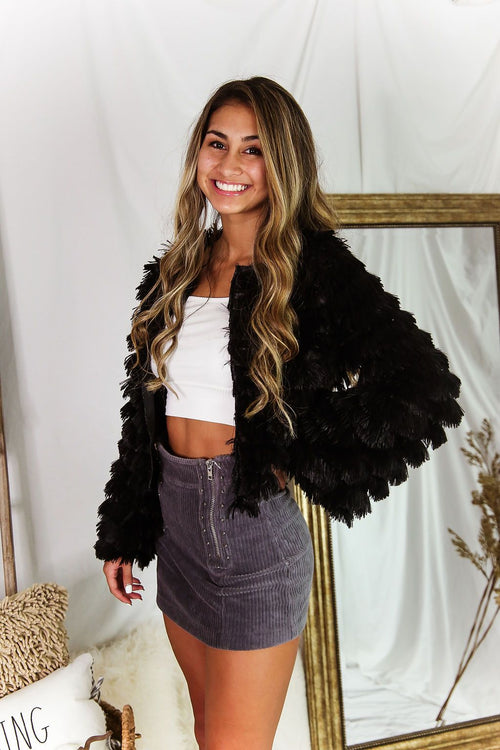 Black Bell Sleeve Furry Crop Jacket - Shop Kendry Collection Boutique