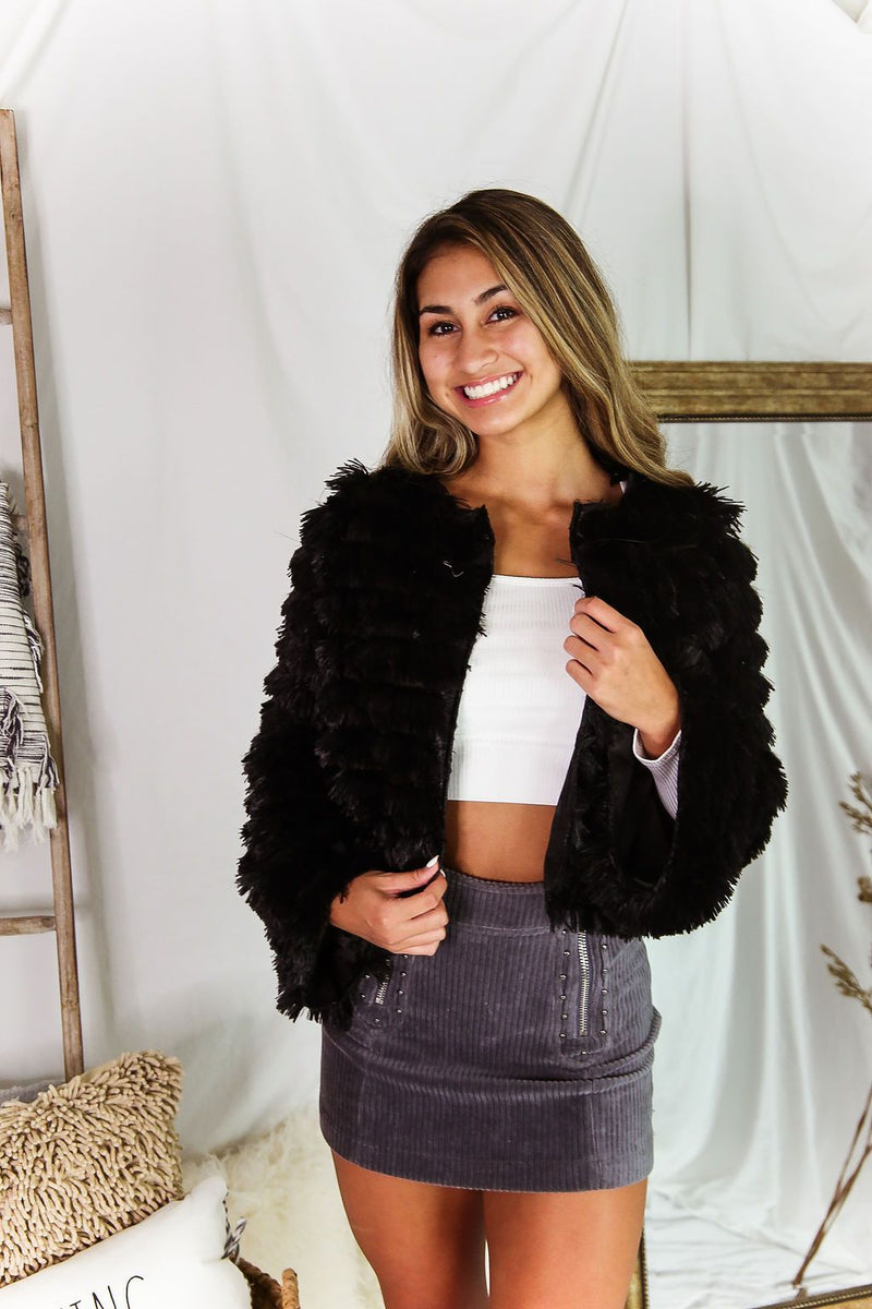 Black Bell Sleeve Furry Crop Jacket - Shop Kendry Collection Boutique