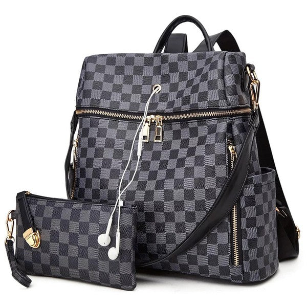 Trendy vegan leather checkered back pack perfect for everyday use. Features inside lining, detachable coin purse, additional shoulder strap, bottle pockets, multiple pockets and hole for headphones.