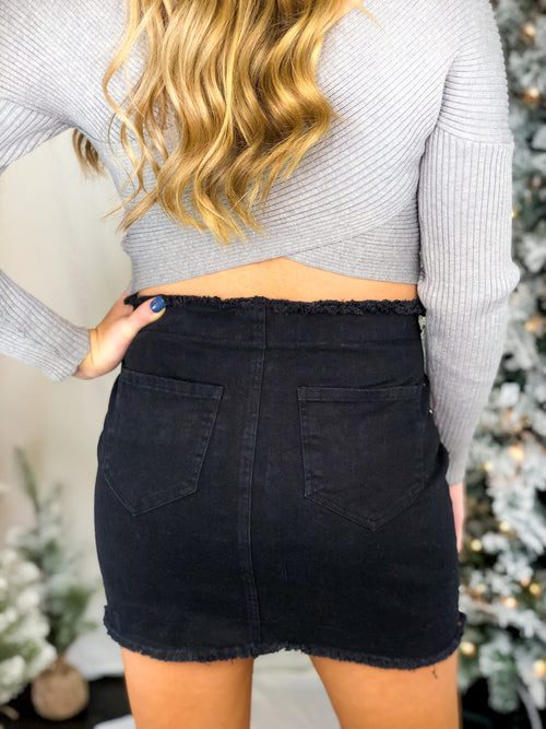 Black Denim Studded Mini Skirt