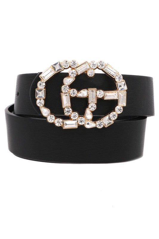 Black Faux Leather G Belt With Mixed Rhinestone Buckle