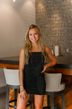 Black Glitter Ruched Mini Dress