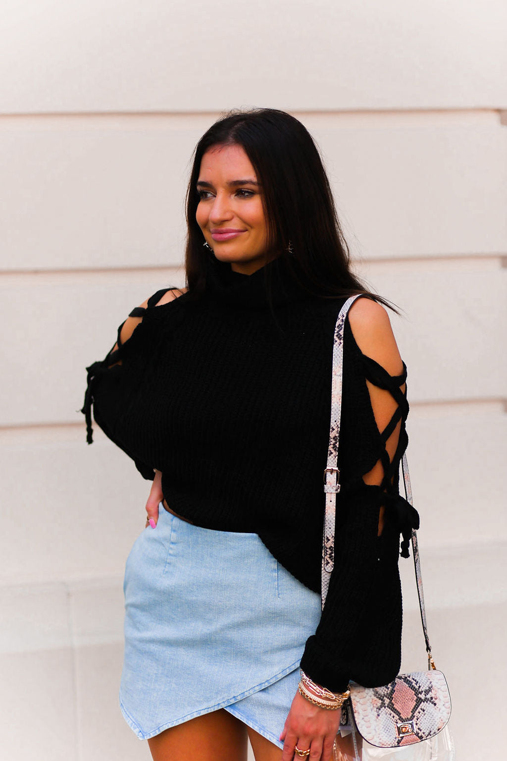 Black Lace Up Shoulder Knit Sweater - Kendry Collection Boutique