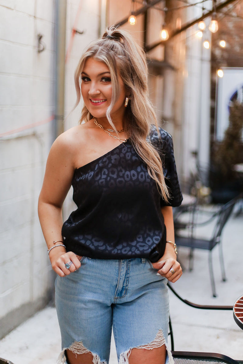 Black Leopard Silk One Shoulder Top - Shop Kendry Collection Boutique