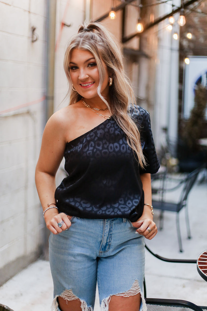 Black Leopard Silk One Shoulder Top - Shop Kendry Collection Boutique