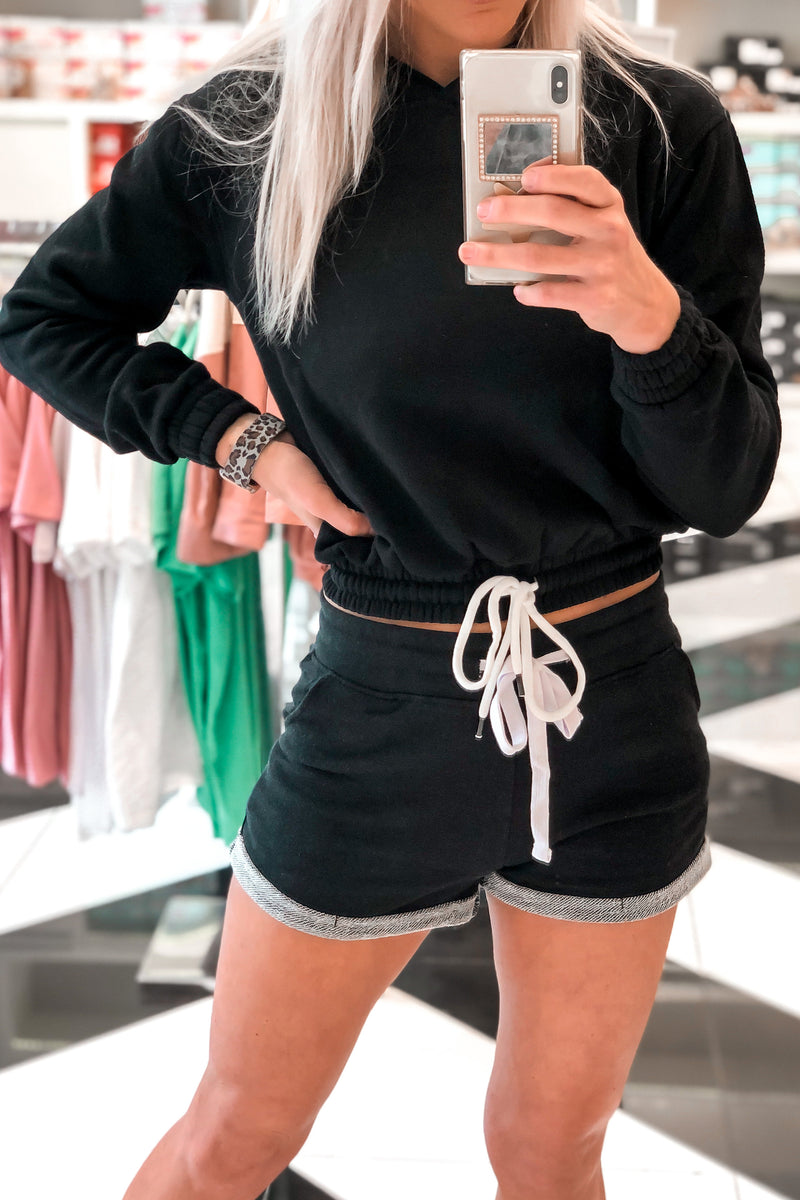 Black Drawstring Waist Cropped Hoodie Two Piece Lounge Set - Kendry Collection Boutique