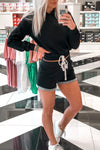 Black Drawstring Waist Cropped Hoodie Two Piece Lounge Set - Kendry Collection Boutique