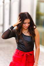 Black Mesh Contrast One Shoulder Bodysuit - Kendry Collection Boutique