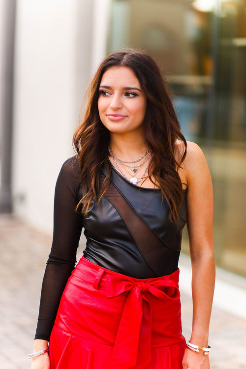 Black Mesh Contrast One Shoulder Bodysuit - Kendry Collection Boutique