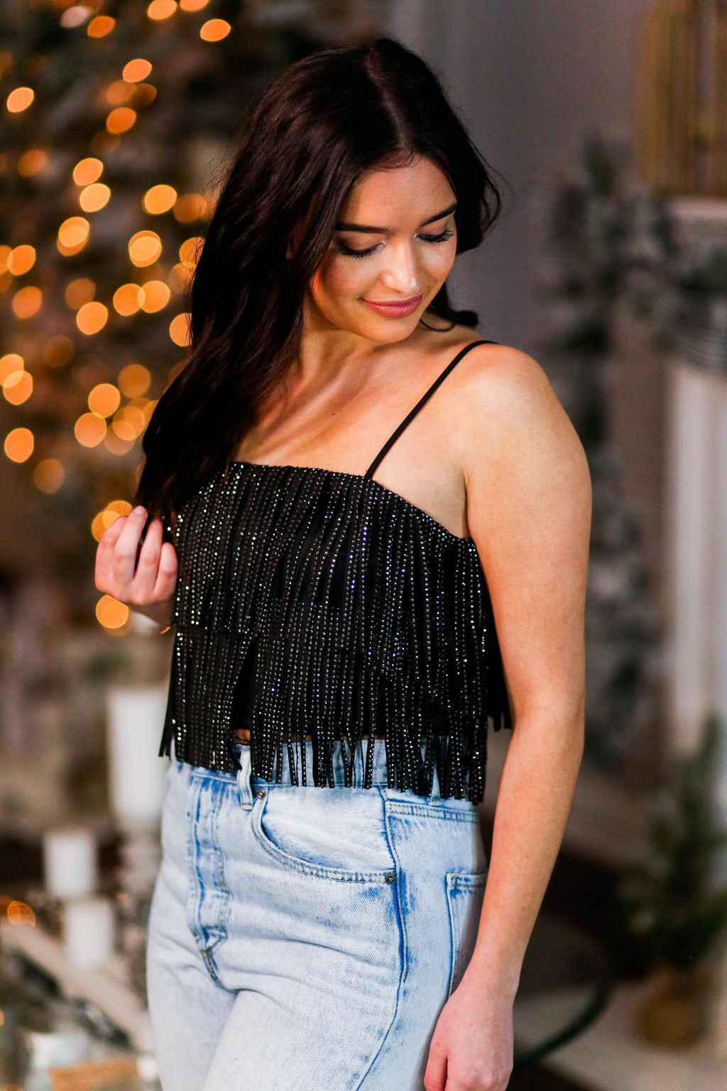 Black Metallic Fringe Crop Top - Shop Cute New Years Tops At Kendry Collection Boutique