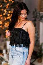 Black Metallic Fringe Crop Top - Shop Cute New Years Tops At Kendry Collection Boutique
