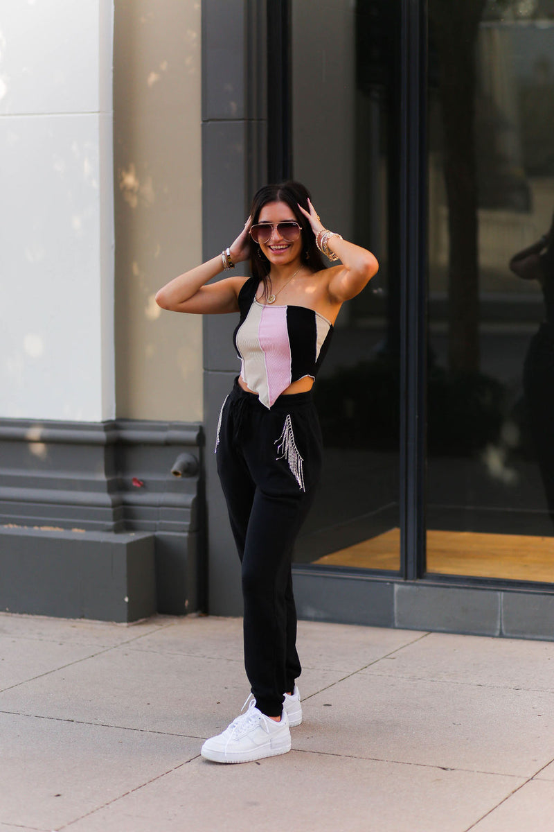 Black Rhinestone Fringe Picket Joggers - Shop Kendry Collection Boutique