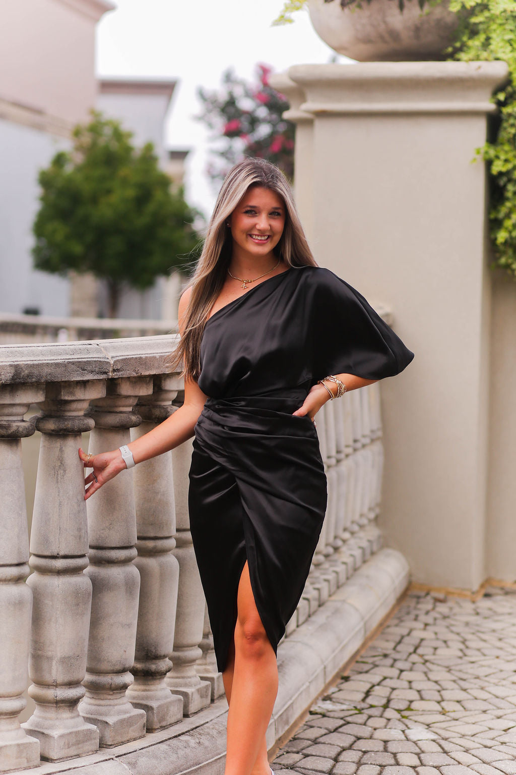 Black satin one shoulder dress hot sale