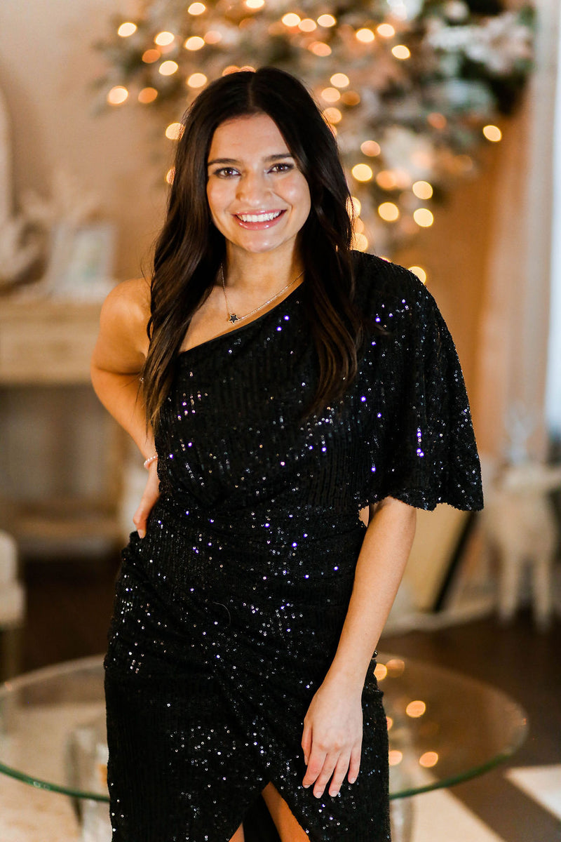 Black Sequin One Shoulder Midi Dress - Kendry Collection Boutique