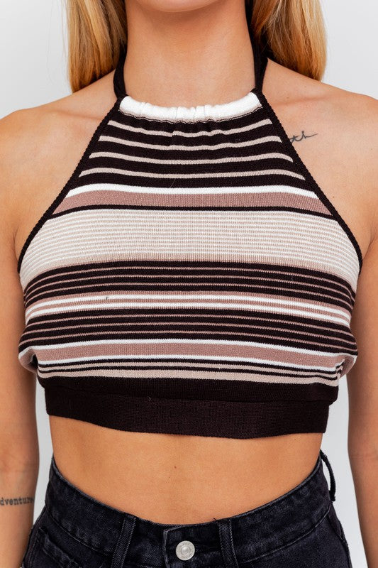 Black Striped Halter Neck Knit Top