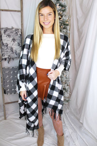 Black and White Plaid Fringe Shawl