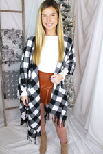 Black and White Plaid Fringe Shawl