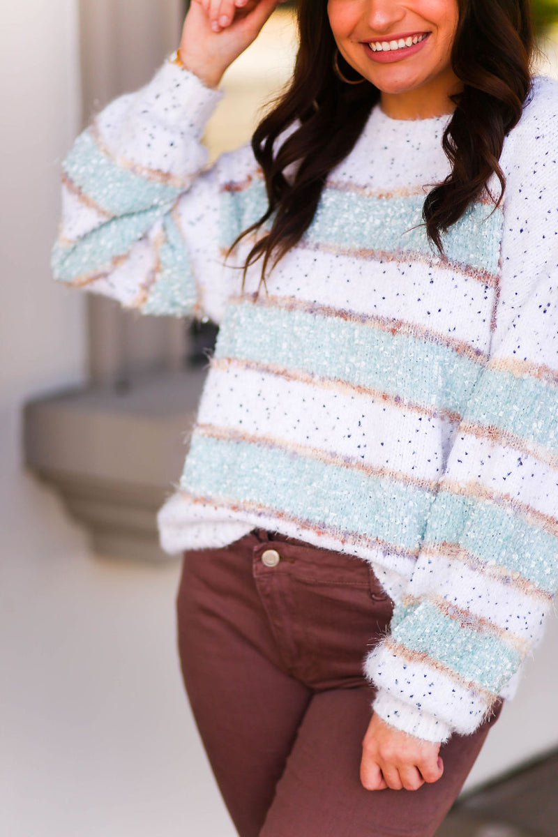Blue And White Shimmer Stripe Confetti Sweater