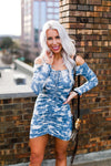 Blue And White Tie Dye Ruched Mini Dress With Off The Shoulder Detail - Shop Kendry Collection