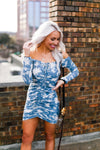Blue And White Tie Dye Ruched Mini Dress With Off The Shoulder Detail - Shop Kendry Collection