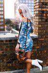 Blue And White Tie Dye Ruched Mini Dress With Off The Shoulder Detail - Shop Kendry Collection