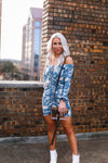Blue And White Tie Dye Ruched Mini Dress With Off The Shoulder Detail - Shop Kendry Collection
