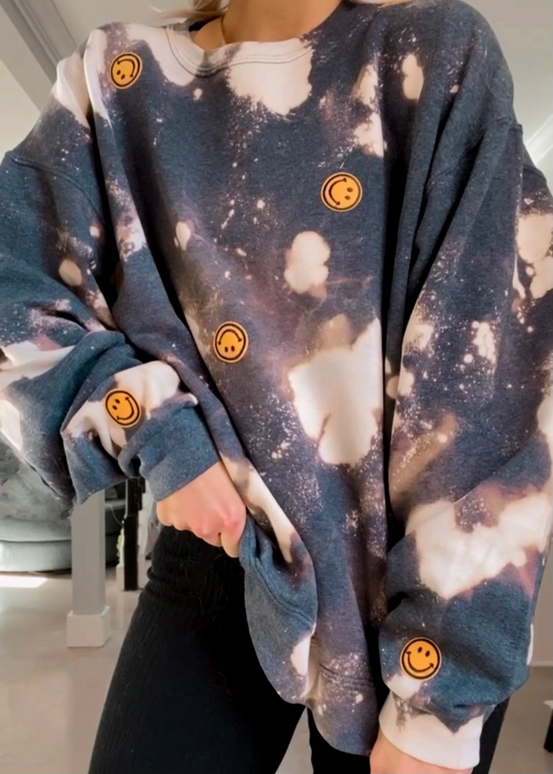 Blue Bleached Smiley Face Crewneck Sweatshirt