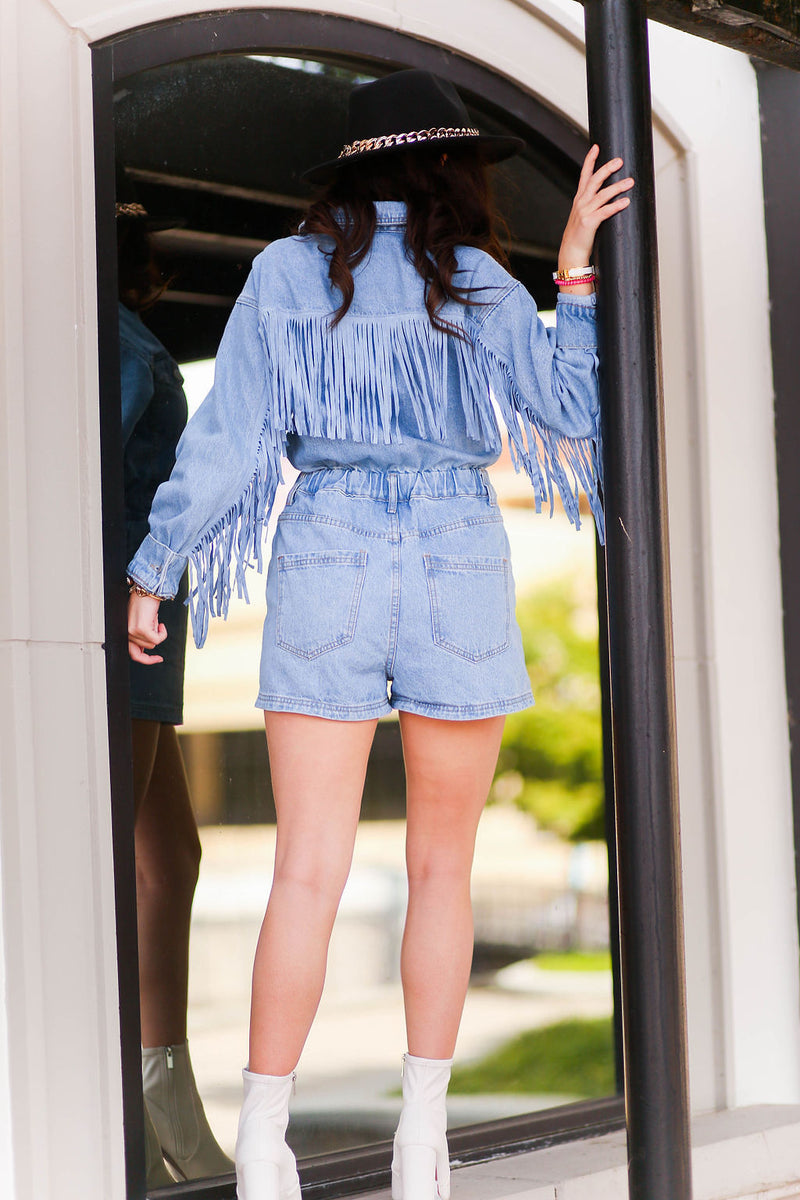 Blue Denim Fringe Romper - Shop Kendry Collection Boutique