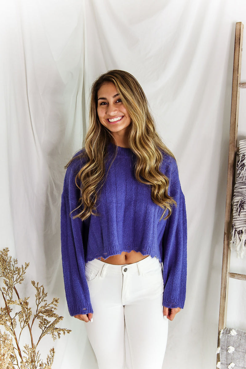  Blue Distressed Hem Ribbed Sweater - Shop Kendry Collection Boutique